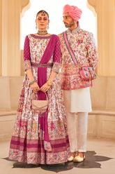 Exclusively for couple combo pink designer outfit in pure pv silk and foil print with detailed hand mirror work